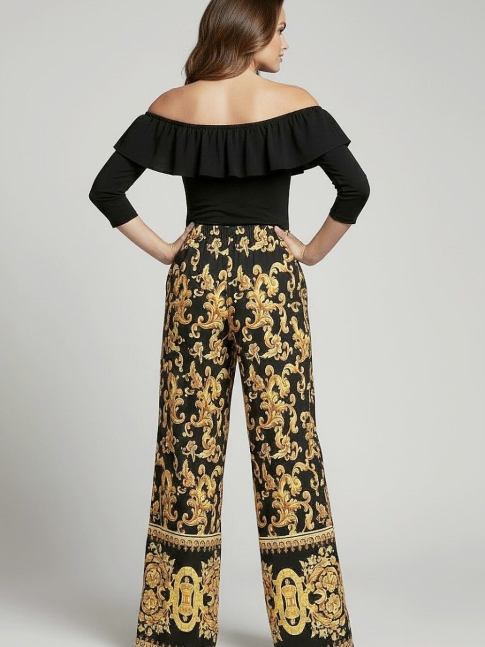 Black Gold Baroque Off Shoulder Wide Leg Jumpsuit Ruffle Shoulders XL - Picture 3 of 7
